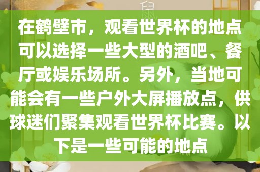 在鹤壁市，观看世界杯的地点可以选择一些大型的酒吧、餐厅或娱乐场所。另外，当地可能会有一些户外大屏播放点，供球迷们聚集观看世界杯比赛。以下是一些可能的地点